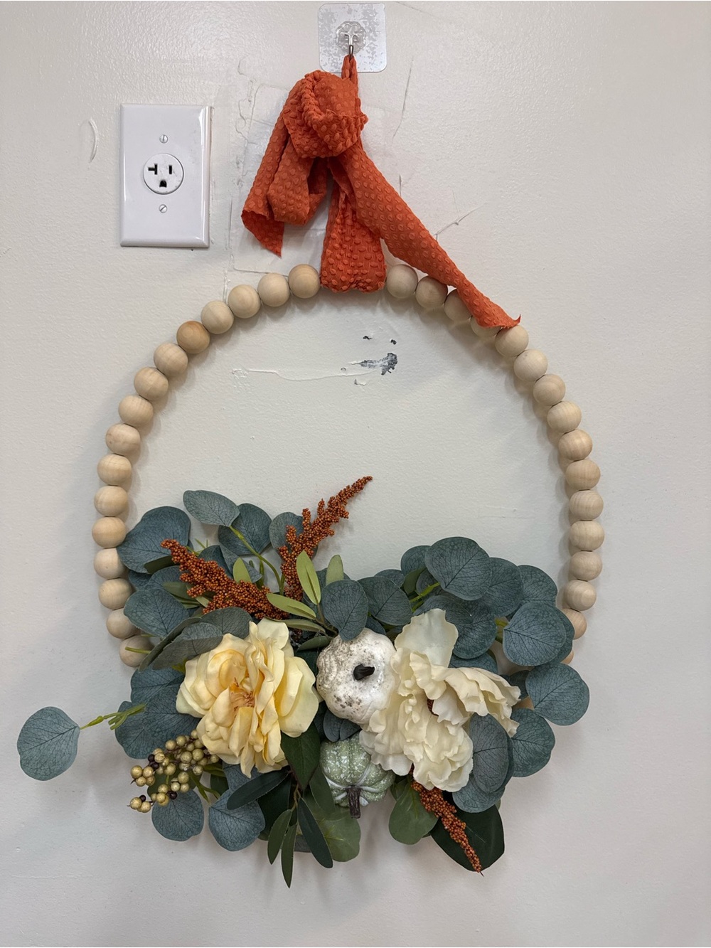 Autumn Eucalyptus & Cream Flower Hoop Wreath with Orange Ribbon
